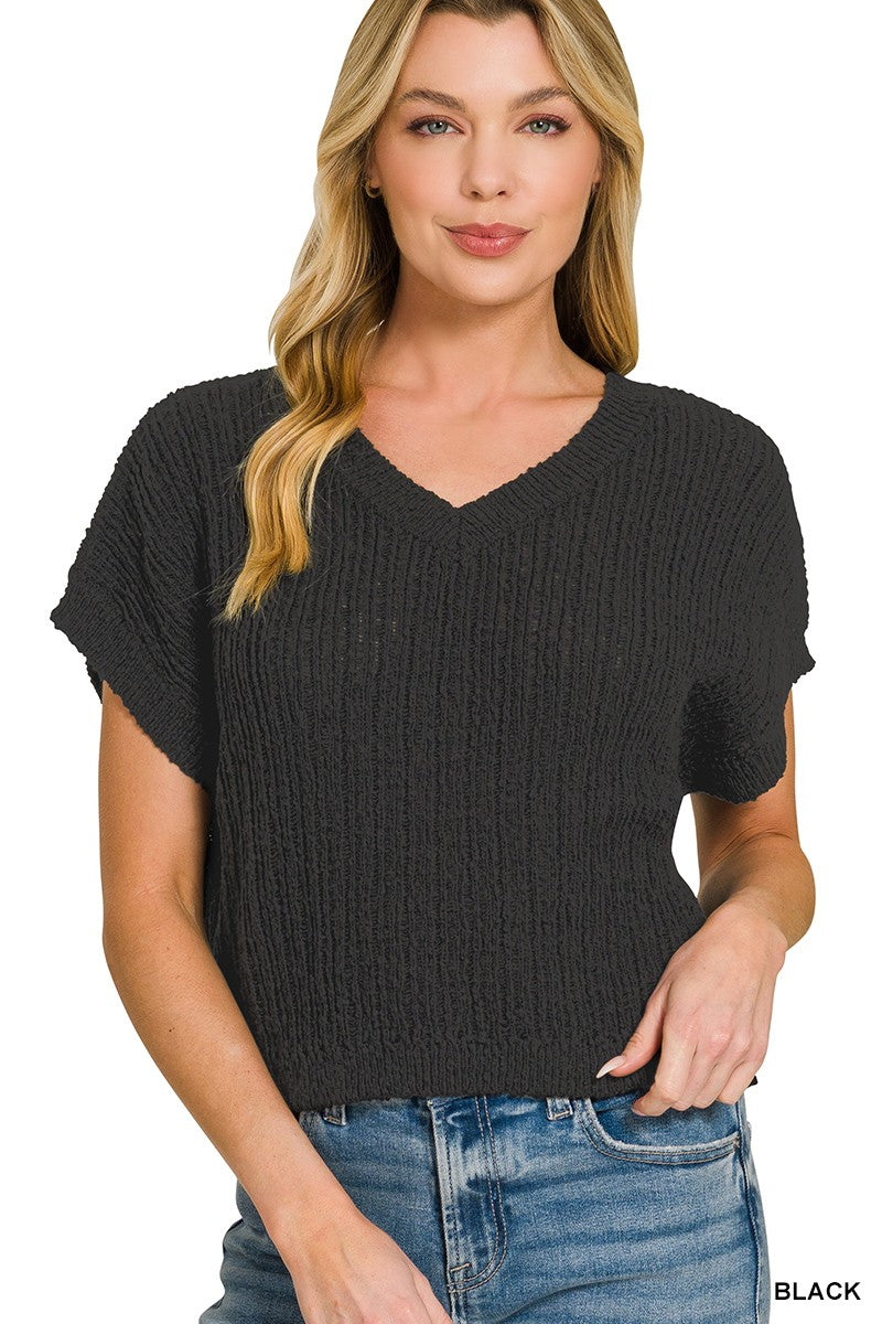 Zenana Textured Knit V-Neck Cropped Sweater – Shojoi