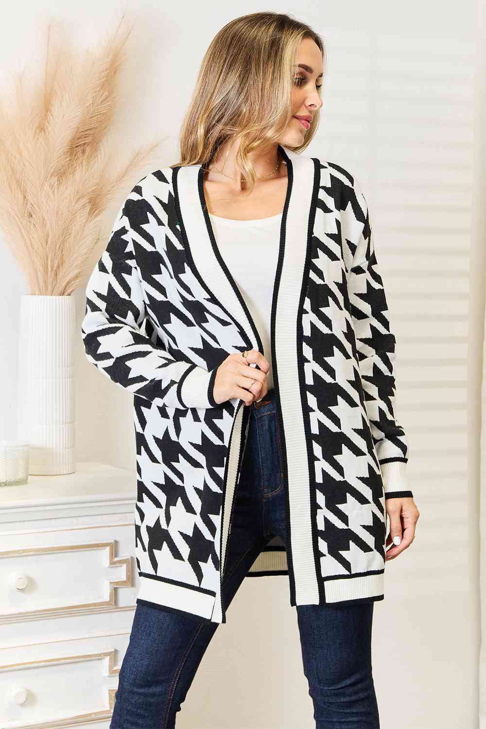 Woven Right Houndstooth Open Front Cardigan