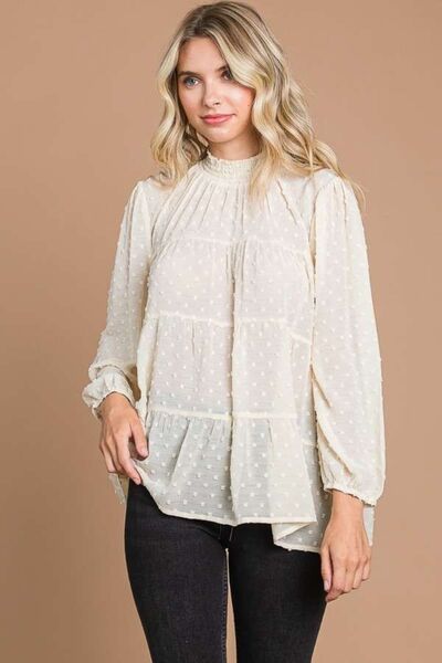 Culture Code Swiss Dot Smocked Mock Neck Blouse