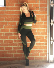 Load image into Gallery viewer, Trois Seamless Jacket, Leggings &amp; Sports Top 3 Set - Black with Green