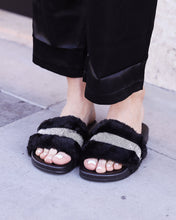 Load image into Gallery viewer, Rhinestone Faux Fur Slippers - Black