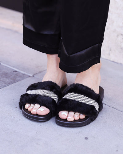 Rhinestone Faux Fur Slippers - Black