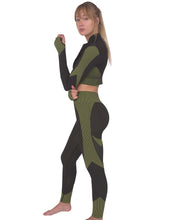 Load image into Gallery viewer, Trois Seamless Jacket, Leggings &amp; Sports Top 3 Set - Black with Green