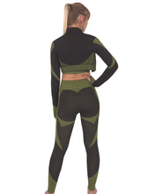 Load image into Gallery viewer, Trois Seamless Jacket, Leggings &amp; Sports Top 3 Set - Black with Green