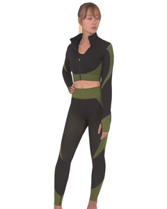 Trois Seamless Jacket, Leggings & Sports Top 3 Set - Black with Green