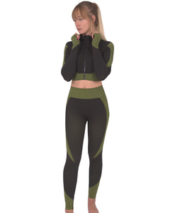 Trois Seamless Jacket, Leggings & Sports Top 3 Set - Black with Green