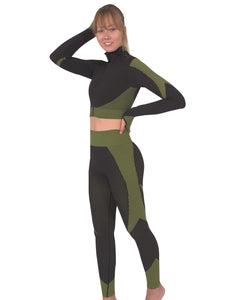 Trois Seamless Jacket, Leggings & Sports Top 3 Set - Black with Green