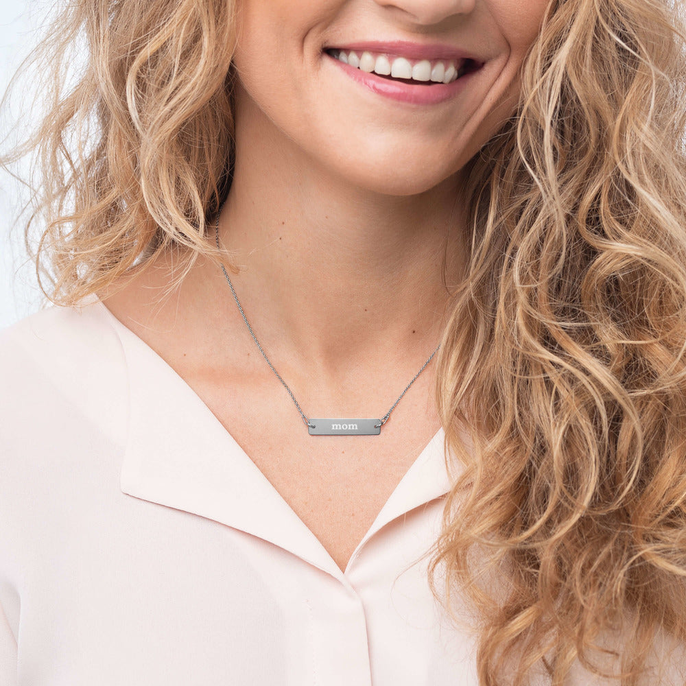 Mom Engraved Silver Bar Chain Necklace