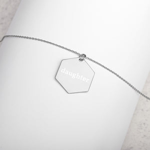 Daughter Engraved Silver Hexagon Necklace
