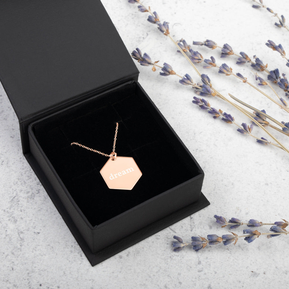 Dream Engraved Silver Hexagon Necklace
