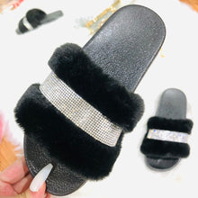 Load image into Gallery viewer, Rhinestone Faux Fur Slippers - Black