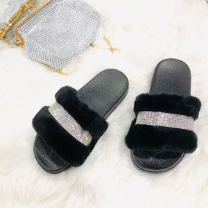 Rhinestone Faux Fur Slippers - Black